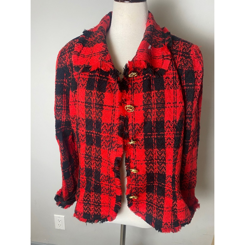 Santa Fe Vintage Y2K Red Black Plaid Fringe Tweed Blazer Jacket Gold Button 14